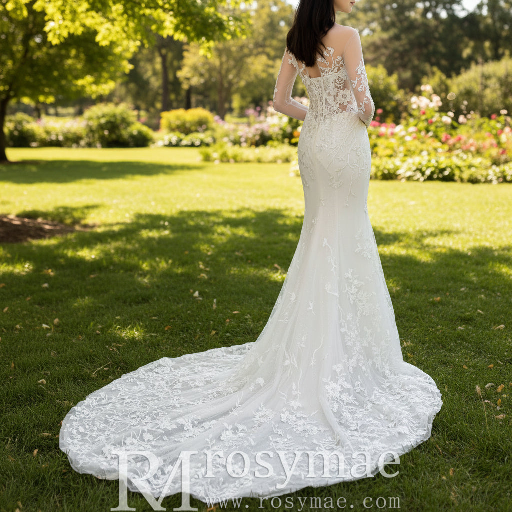 Fit and Flare Tulle Lace Wedding Dress with Long Sleeve Rosymae Fit and Flare Tulle Lace Wedding Dress with Long Sleeve Rosymae