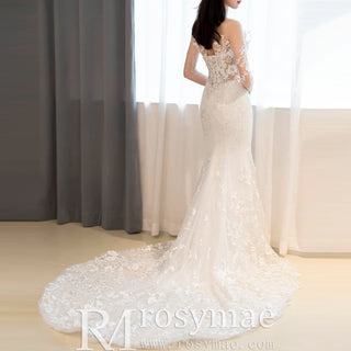 Fit and Flare Tulle Lace Wedding Dress with Long Sleeve