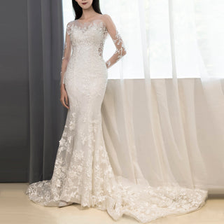 Fit and Flare Tulle Lace Wedding Dress with Long Sleeve