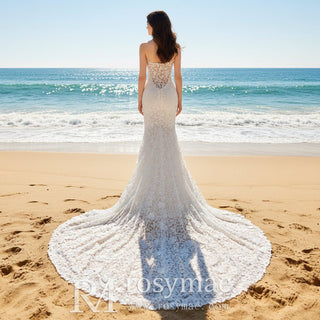 Fitted Floral Lace Trumpet Mermaid Wedding Dress with Sheer Neckline - Rosymae