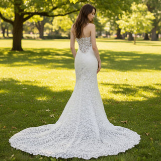 Fitted Floral Lace Trumpet Mermaid Wedding Dress with Sheer Neckline - Rosymae