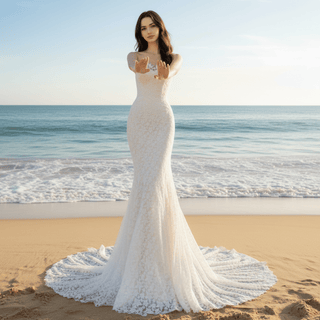 Fitted Floral Lace Trumpet Mermaid Wedding Dress with Sheer Neckline - Rosymae