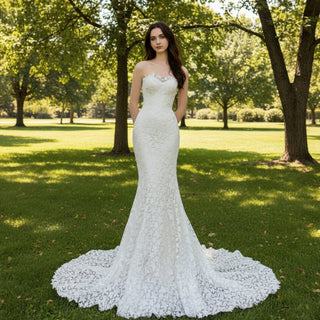 Fitted Floral Lace Trumpet Mermaid Wedding Dress with Sheer Neckline - Rosymae
