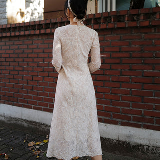 Elegant A-line Lace Long Sleeve Wedding Dress with Mid-calf Length