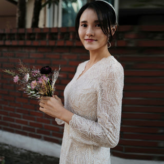 Elegant A-line Lace Long Sleeve Wedding Dress with Mid-calf Length