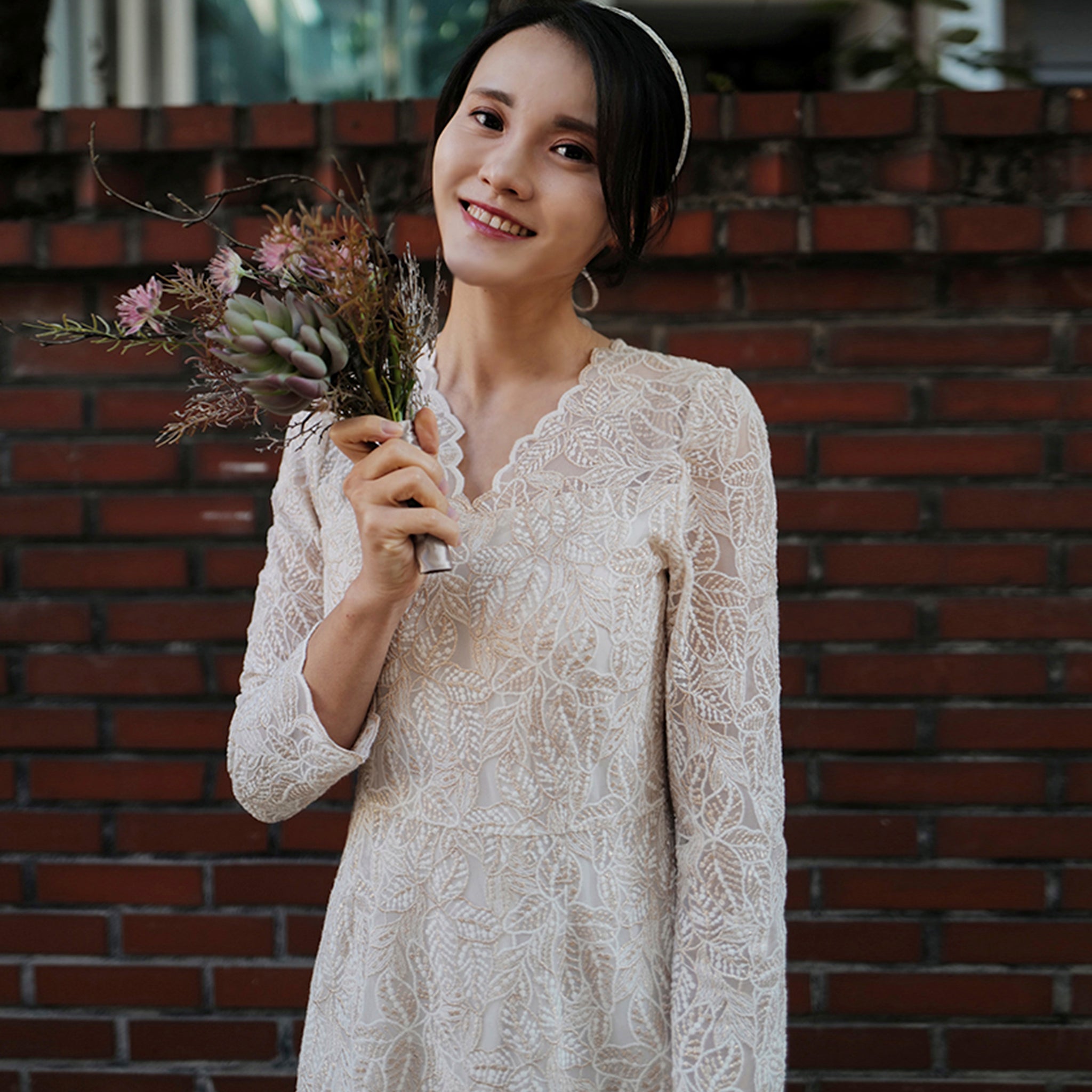 Elegant A-line Lace Long Sleeve Wedding Dress with Mid-calf Length Rosymae Elegant A-line Lace Long Sleeve Wedding Dress with Mid-calf Length Rosymae