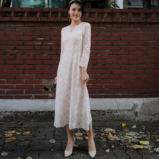 Elegant A-line Lace Long Sleeve Wedding Dress with Mid-calf Length