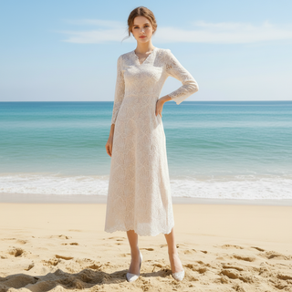Elegant A-line Lace Long Sleeve Wedding Dress with Mid-calf Length Rosymae Elegant A-line Lace Long Sleeve Wedding Dress with Mid-calf Length Rosymae