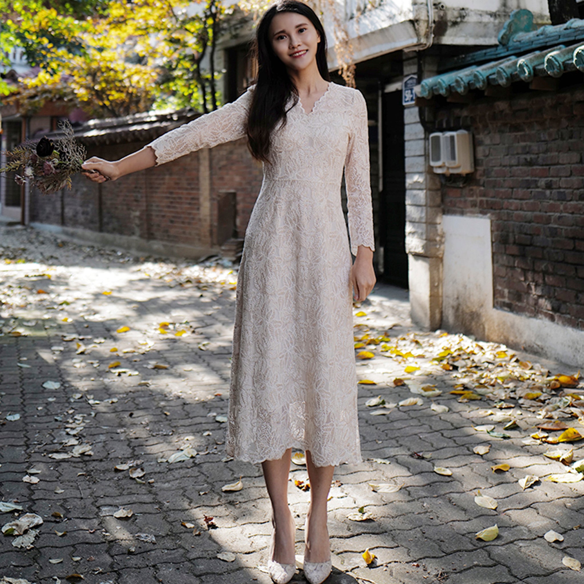 Elegant A-line Lace Long Sleeve Wedding Dress with Mid-calf Length Rosymae Elegant A-line Lace Long Sleeve Wedding Dress with Mid-calf Length Rosymae