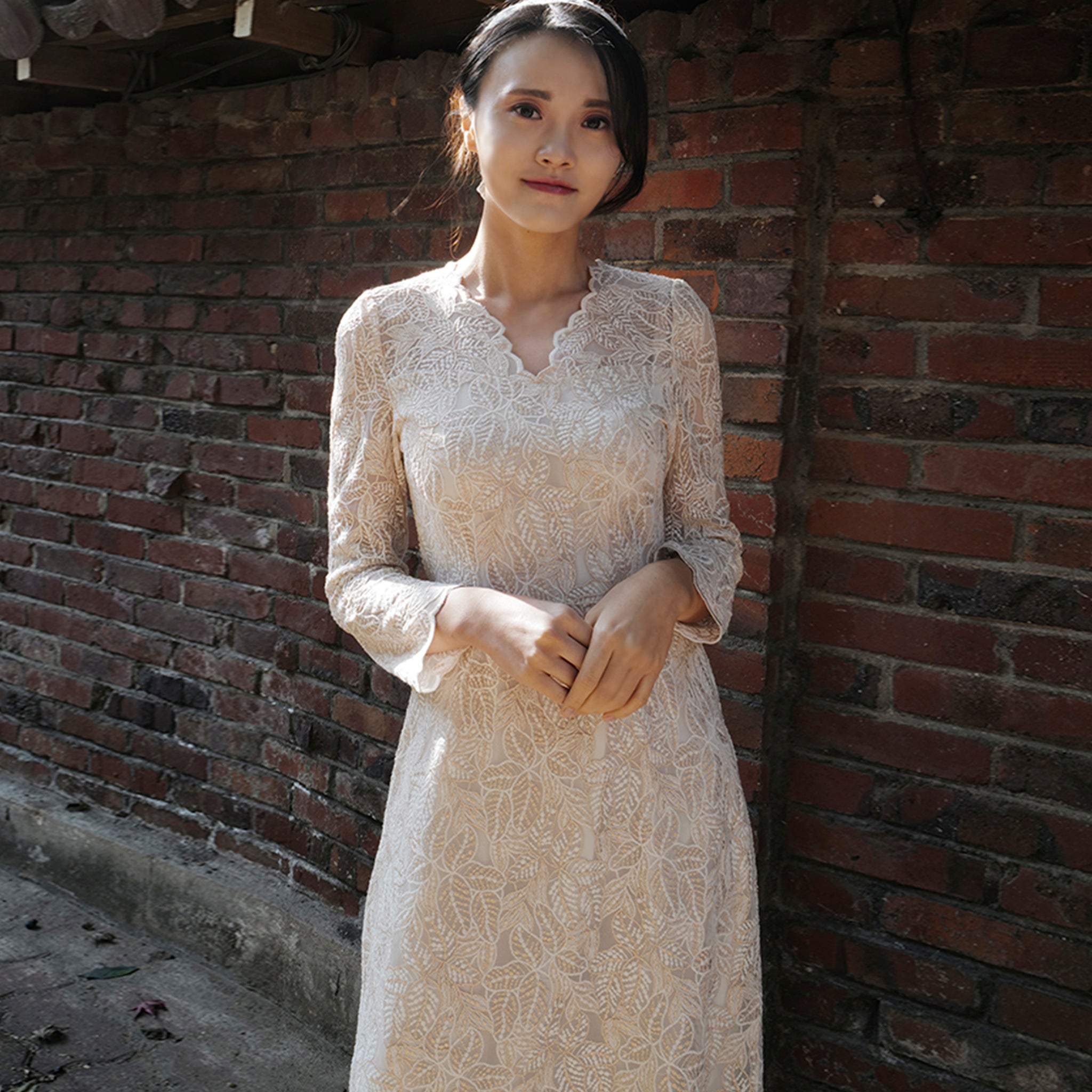 Elegant A-line Lace Long Sleeve Wedding Dress with Mid-calf Length Rosymae Elegant A-line Lace Long Sleeve Wedding Dress with Mid-calf Length Rosymae