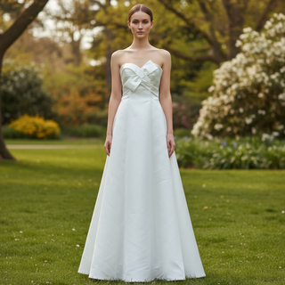 Strapless Satin A-line Tea Length Wedding Dress with Ruched Bodice