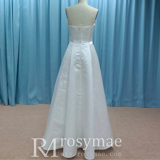 Strapless Satin A-line Tea Length Wedding Dress with Ruched Bodice