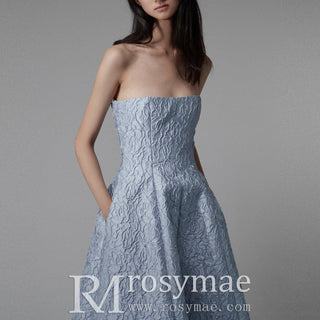 Strapless Light Blue Evening Dress Party Gowns with Pocket