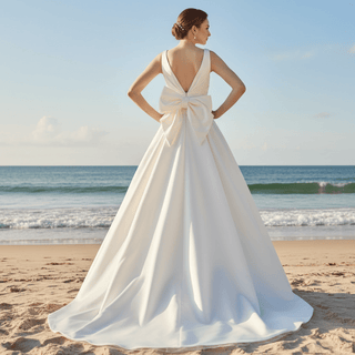 Floor Length Wedding Dress with Double V-Neck Bowknot Back - Rosymae