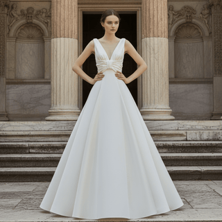 Floor Length Wedding Dress with Double V-Neck Bowknot Back - Rosymae