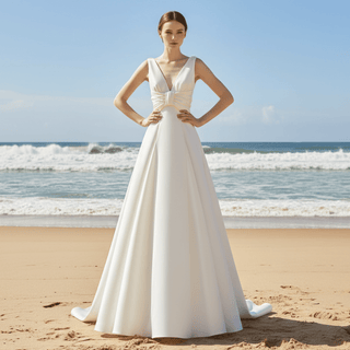 Floor Length Wedding Dress with Double V-Neck Bowknot Back - Rosymae