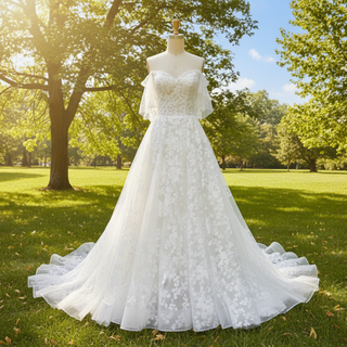 Elegant Off the Shoulder Floral Lace Ball Gown Wedding Dress