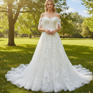 Elegant Off the Shoulder Floral Lace Ball Gown Wedding Dress