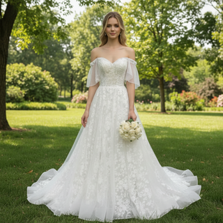 Elegant Off the Shoulder Floral Lace Ball Gown Wedding Dress