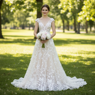 Elegant Open Back A-line Floral Lace Wedding Dress with Cap Sleeve