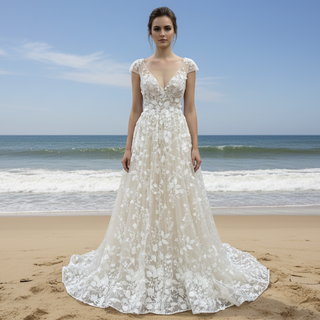 Elegant Open Back A-line Floral Lace Wedding Dress with Cap Sleeve