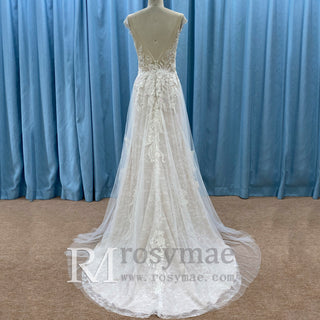 Sheer Sweetheart Neck Floral Lace A-line Wedding Dress with Open Back