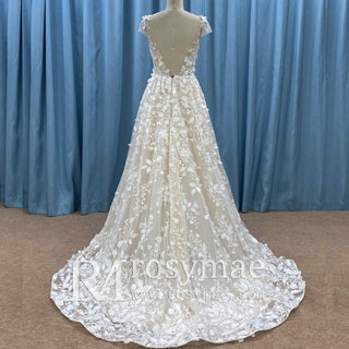 Open Back A-line Floral Lace Wedding Dress with Cap Sleeve