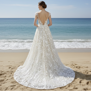 Elegant Open Back A-line Floral Lace Wedding Dress with Cap Sleeve
