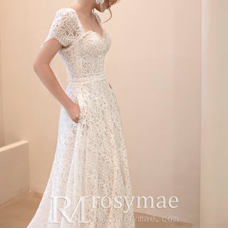 Square-neck Lace A-line Wedding Dress with Pockets
