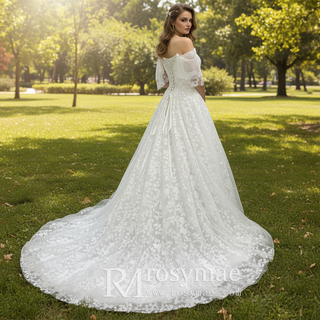 Elegant Off the Shoulder Floral Lace Ball Gown Wedding Dress
