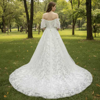 Elegant Off the Shoulder Floral Lace Ball Gown Wedding Dress