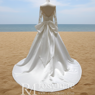 Classic Long Sleeve A-line Vintage Wedding Dress with Bowknot Back