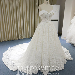Gorgeous Off the Shoulder Ball Gown Floral Lace Wedding Dress for Elegant Bride