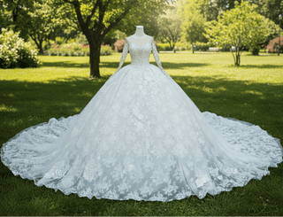 Floral Lace Ball Gown Puffy Skirt Wedding Dress with Long Sleeve - Rosymae