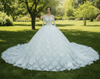 Floral Lace Ball Gown Puffy Skirt Wedding Dress with Long Sleeve - Rosymae