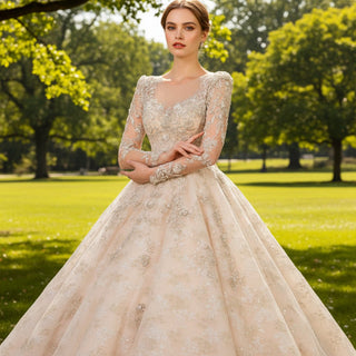 Floral Lace Ball Gown Wedding Dress with Long Sleeves - Rosymae