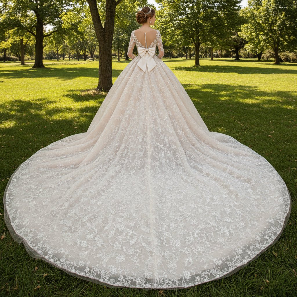 Floral Lace Ball Gown Wedding Dress with Long Sleeves - Rosymae