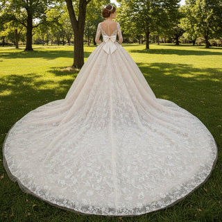 Floral Lace Ball Gown Wedding Dress with Long Sleeves - Rosymae