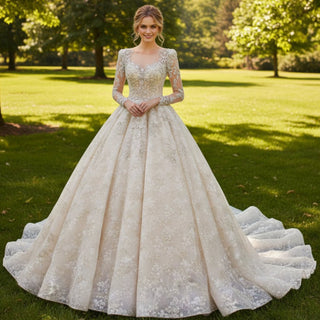 Floral Lace Ball Gown Wedding Dress with Long Sleeves - Rosymae