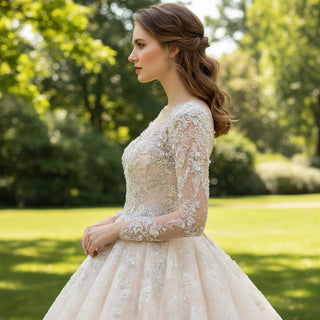 Floral Lace Ball Gown Wedding Dress with Long Sleeves - Rosymae