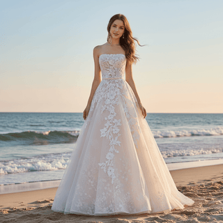 Floral Lace Ball Gown Wedding Dress with Straight Neckline - Rosymae