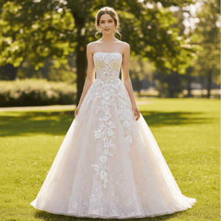 Floral Lace Ball Gown Wedding Dress with Straight Neckline - Rosymae