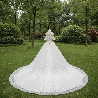 Princess Floral Lace Ball Gown Wedding Dress with Off the Shoulder