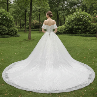 Princess Floral Lace Ball Gown Wedding Dress with Off the Shoulder