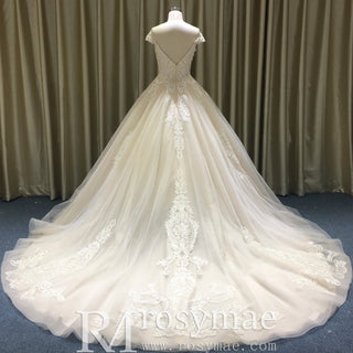 Floral Lace Elegant V Neck and V Back Wedding Dress with Off the Shoulder - Rosymae