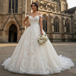 Floral Lace Elegant V Neck and V Back Wedding Dress with Off the Shoulder - Rosymae
