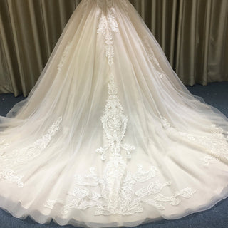 Floral Lace Elegant V Neck and V Back Wedding Dress with Off the Shoulder - Rosymae