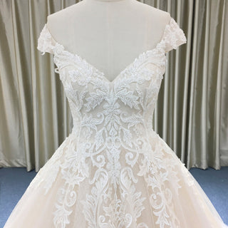 Floral Lace Elegant V Neck and V Back Wedding Dress with Off the Shoulder - Rosymae