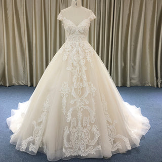 Floral Lace Elegant V Neck and V Back Wedding Dress with Off the Shoulder - Rosymae