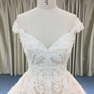 Floral Lace Elegant V Neck and V Back Wedding Dress with Off the Shoulder - Rosymae